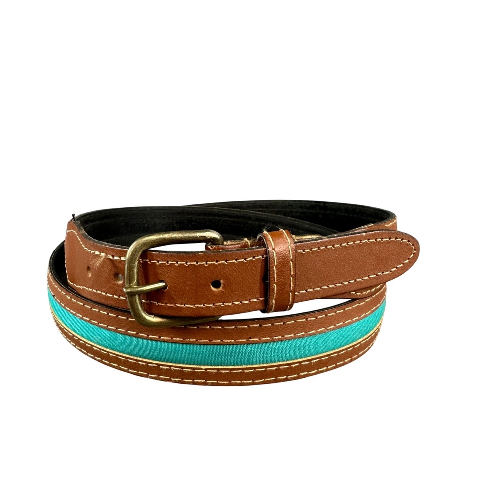 Brown Leather Turquoise Inlay Belt Brass Buckle Size 38 Large 013